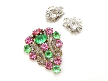 Eisenberg Clip-On Earrings And Multicolor Rhinestone Brooch
