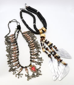 Multi-Strand Necklace with Metal Leaf and Pendant Necklace