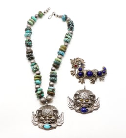 Sterling Silver Necklace, Dragon Brooch, and Mask Pendant