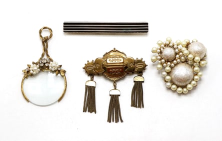 Brooches and Magnifying Pendant with Decorative Accents