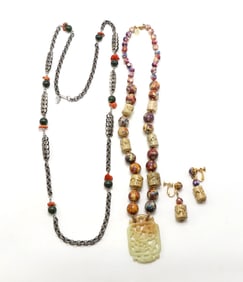 Miriam Haskell Chains and Beads Necklace Set With Clip Earrings