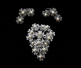 Hobe Silver-Tone Floral Brooch and Earrings
