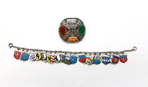 European Enamel Shield Charm Bracelet and Celtic Gemstone Brooch