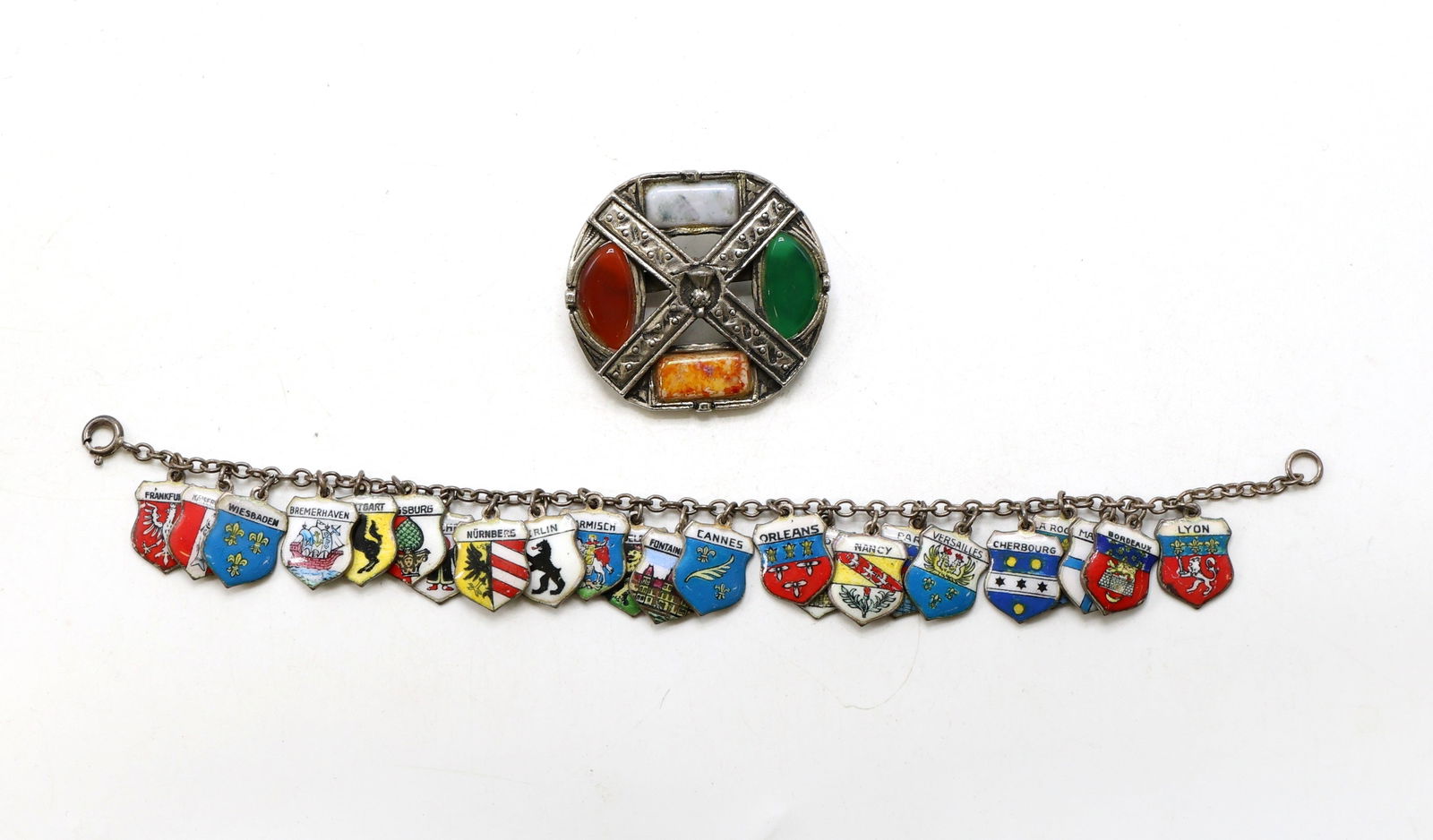 European Enamel Shield Charm Bracelet and Celtic Gemstone Brooch (1 of 7)