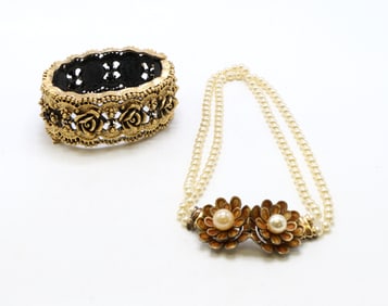 Sterling Necklace with Pearl Accents and Ornate Gold-Tone Bracelet