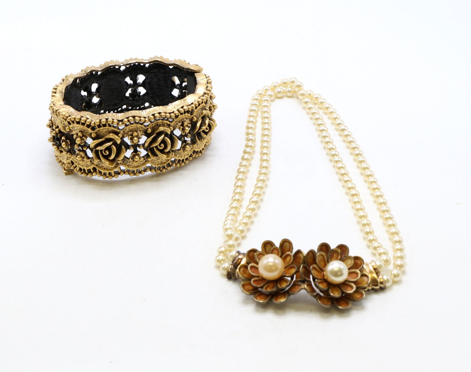 Sterling Necklace with Pearl Accents and Ornate Gold-Tone Bracelet (1 of 8)