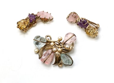 R. De Rosa Brooch and Clip-On Earrings with Gemstone Accents