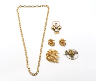 DeMaria Clip-On Earrings and Brooch with Gold-Tone Chain Necklace