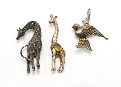 Sterling Silver and Crystal Animal Brooches by Various Makers