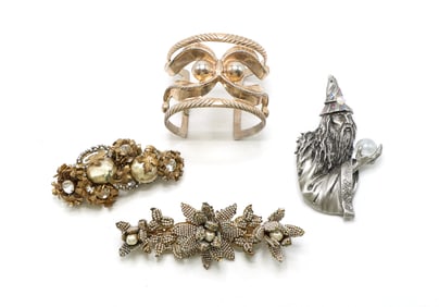 Miriam Haskell Brooches with Gold-Tone Cuff Bracelet