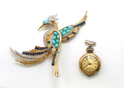Pocket Watch and Boucher Turquoise Bird Brooch