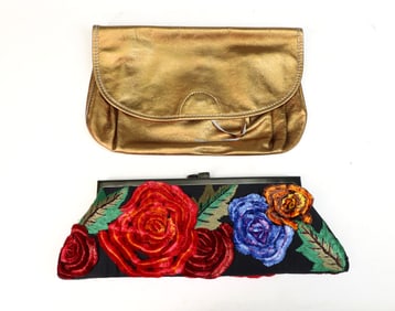Metallic Gold Pouch and Embroidered Floral Clutches