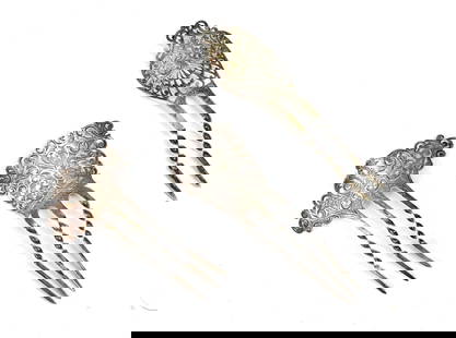 Sterling Silver Hair Combs: Sterling silver hair combs with ornate openwork designs, three rounded prong tines with twisted detailing. Each marked 'Sterling' on the back. Longest comb measures 5.5"h, 1.67ozt