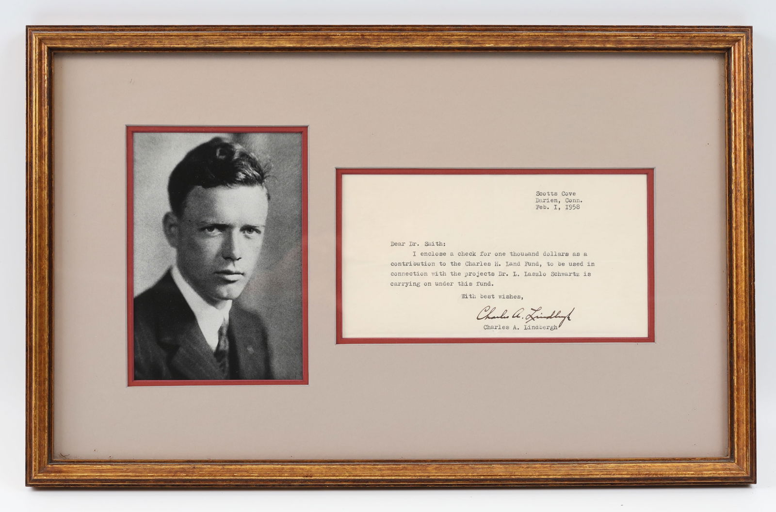 Autograph of Charles Lindbergh: Typed Letter Signed (TLS) of Charles A. Lindbergh (1902-1974) American aviator (first to solo the Atlantic), military officer, and author, 1pp, dated Scott's Cove, Darien, Connecticut, February 1, 195