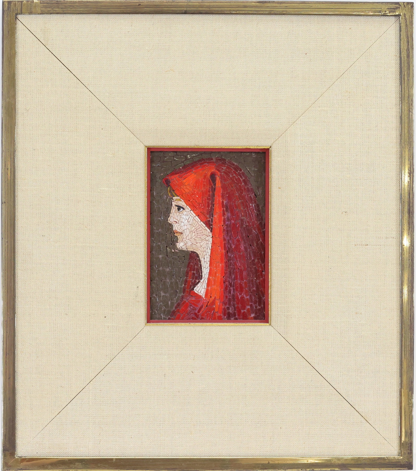 Micromosaic Portrait: Italian Saint Fabiola Micromosaic portrait of Saint Fabiola by Mondo Cattolico with label on verso. 4"h x 3"w and 10"h x 9"w framed