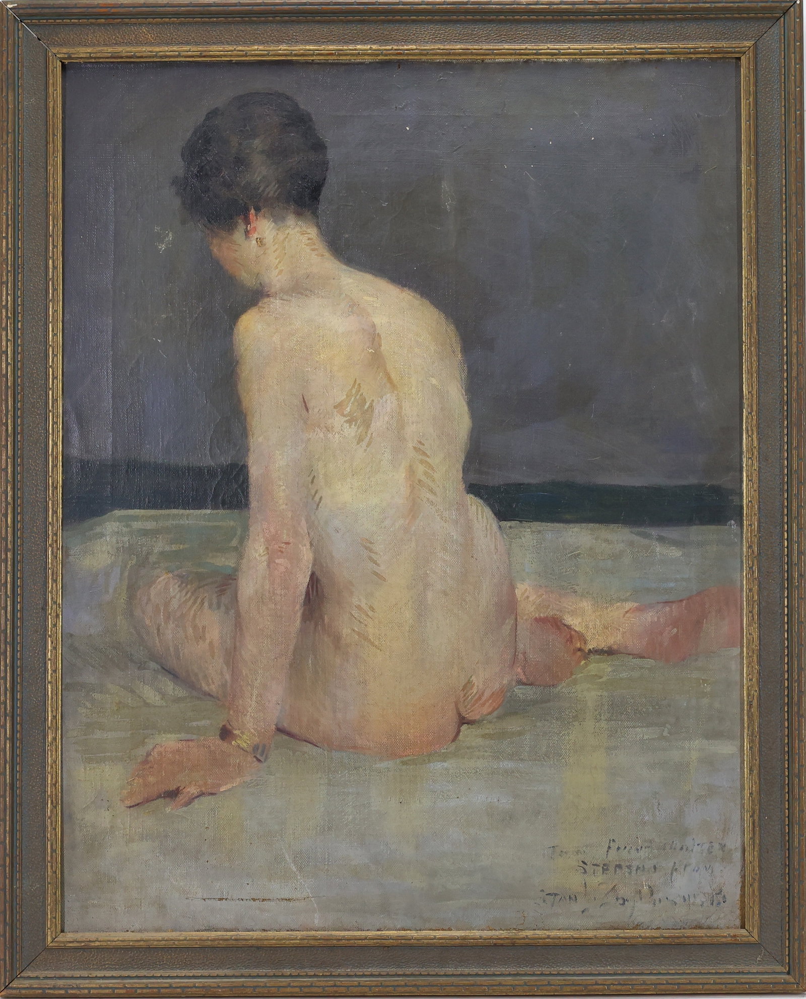 Stanley Laurence Reckless (1892 - 1955): Oil on canvas, SLR, "Stanley Zbytniewski" and dedicated. Figural nude portrait. 28"h x 22"w and 32"h x 25.5"w framed