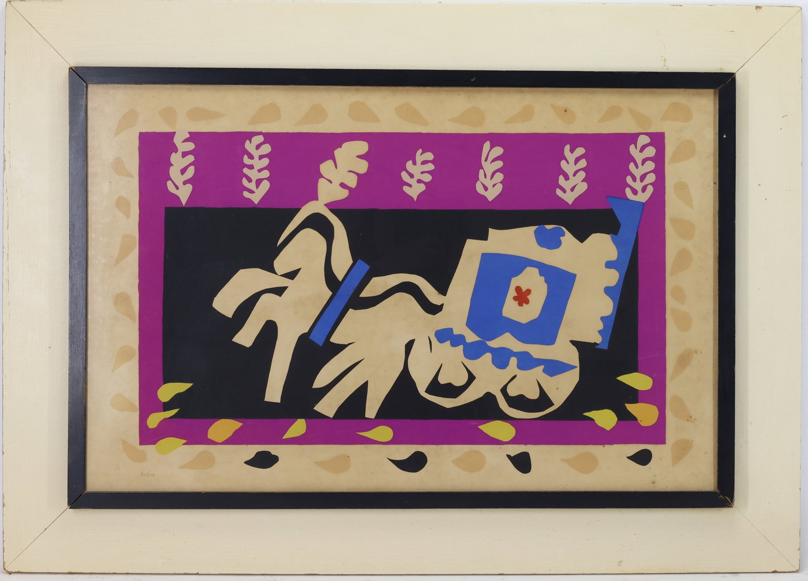 Henri Matisse (1869 - 1954): Lithograph, "L’enterrement de Pierrot", numbered 30/300. Stylized horse and carriage against a black and magenta background. 18"h x 28"w sight and 25.5"h x 35.5"w framed