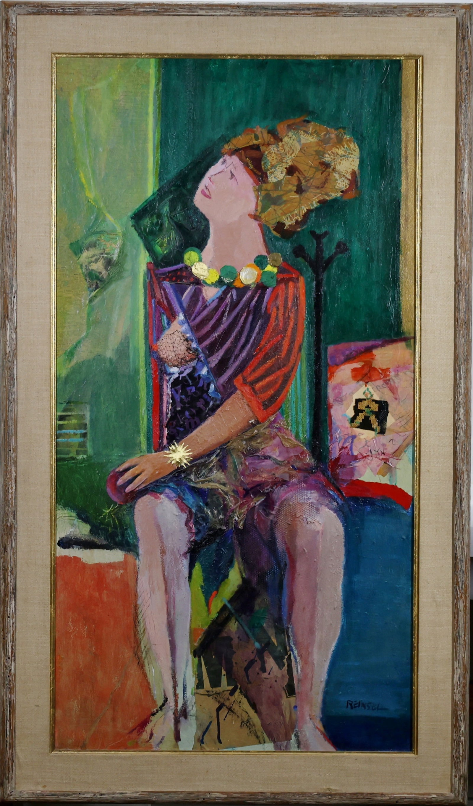 Walter Newton Reinsel (1905 - 1979): Mixed media, oil and decoupage, "Witness", SLR. Modernist figural portrait of a seated woman. 40"h x 21"w and 46"h x 27"w framed