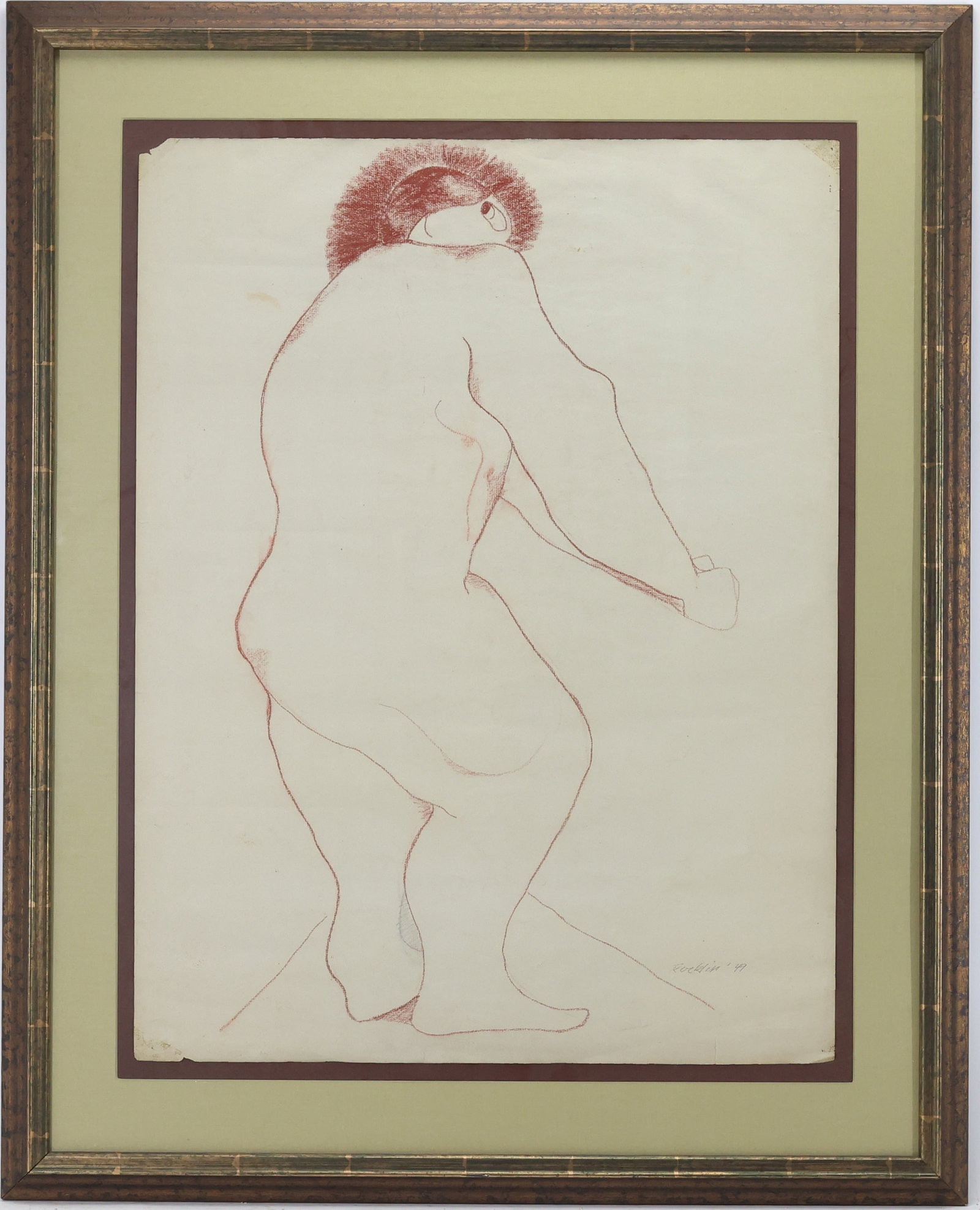Raymond Rocklin (Born 1922): Conté crayon drawing, SDLR '49. Nude figural. 32"h x 26"w framed