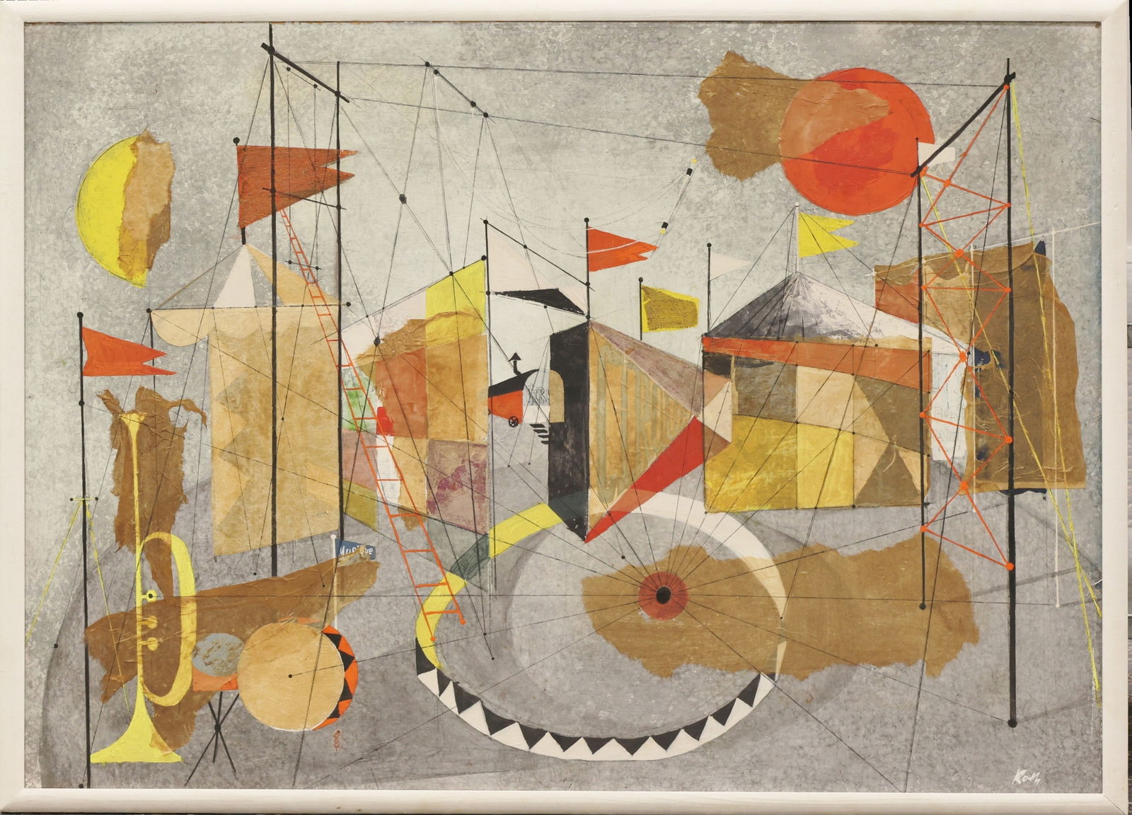 Wolfgang Roth (1910 - 1988): mixed media oil on board and collage, slr. Modernist circus scene with tents, flags, musical instruments, and a circular ring all connected by linear scaffolding. 38.75"h x 49.75"w framed