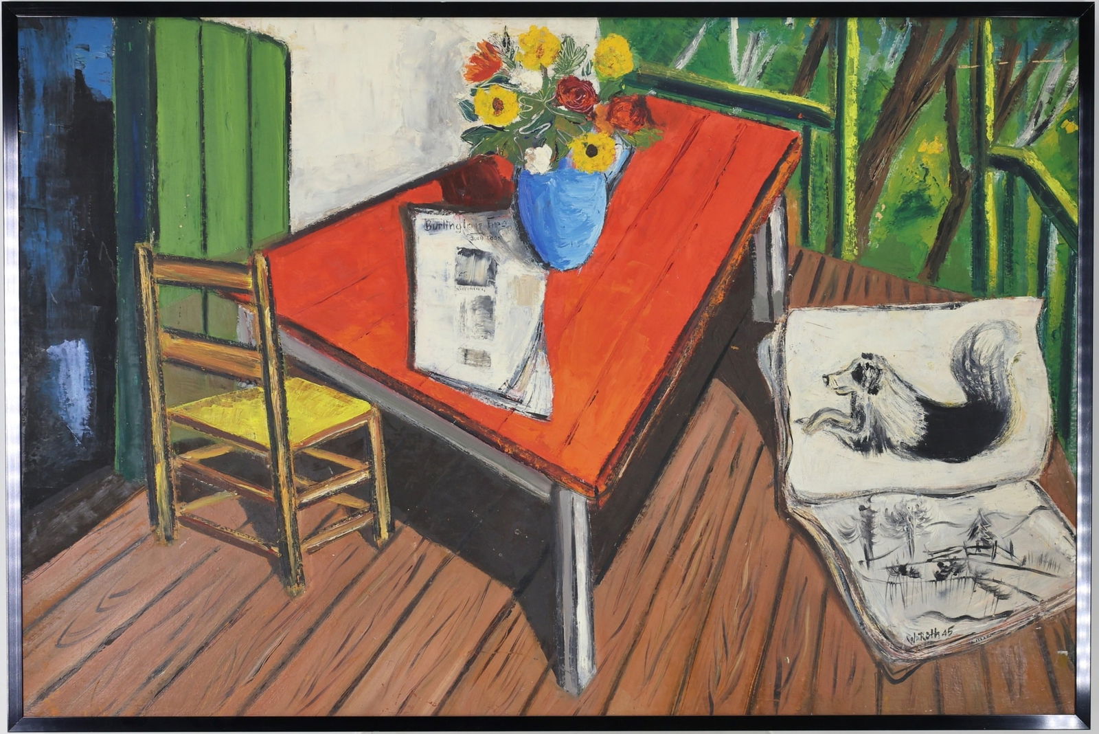 Wolfgang Roth (1910 - 1988): Oil on board, SDLR '45. Modernist interior with red table, chair, flowers, and sketchbook. 20.25"h x 30.25"w framed