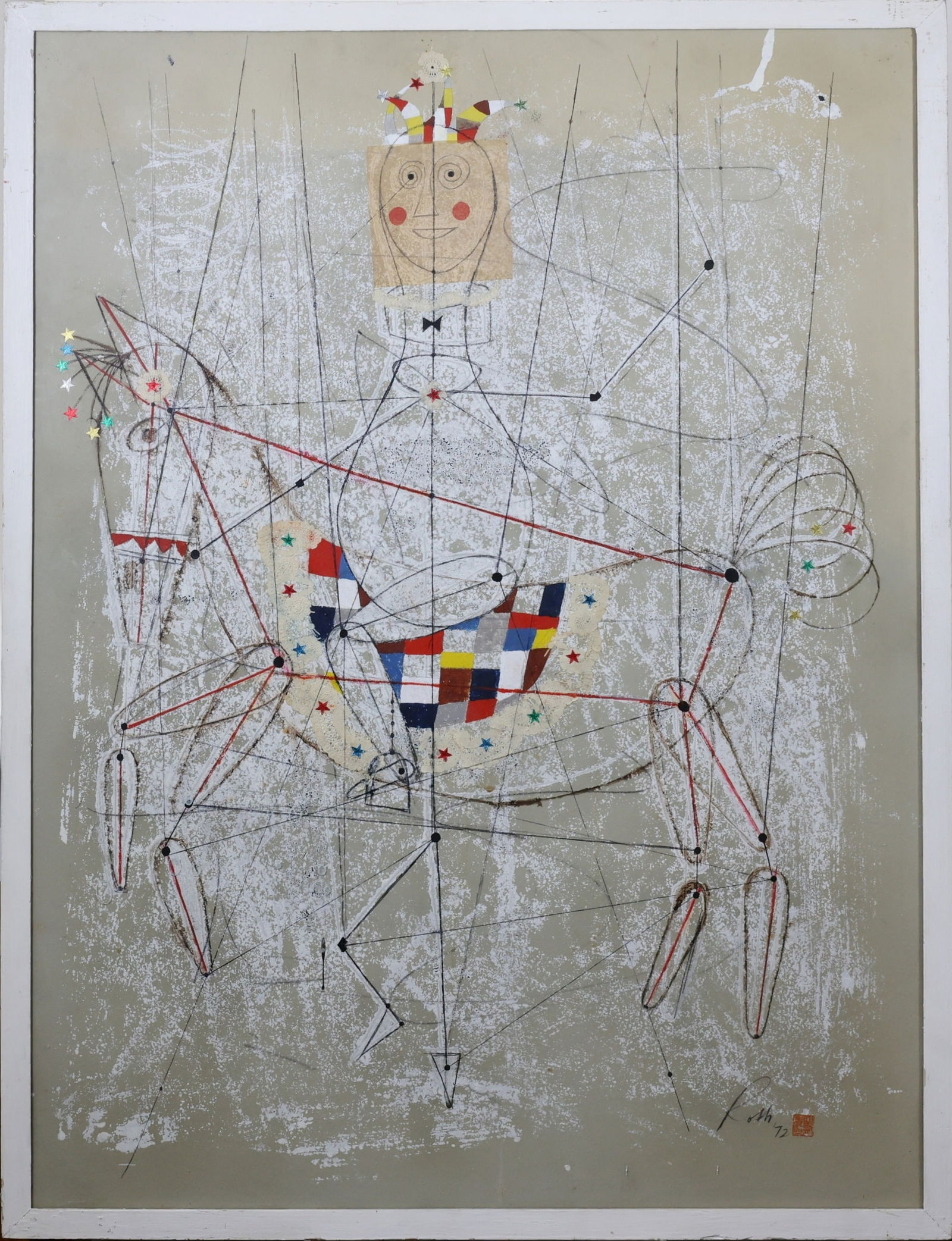 Wolfgang Roth (1910 - 1988): Collage/mixed media, "A Kingdom for a Horse", SLR. Surrealist composition of a linear marionette like horse with patchwork saddle and a smiling rider. 42"h x 31.5"w framed