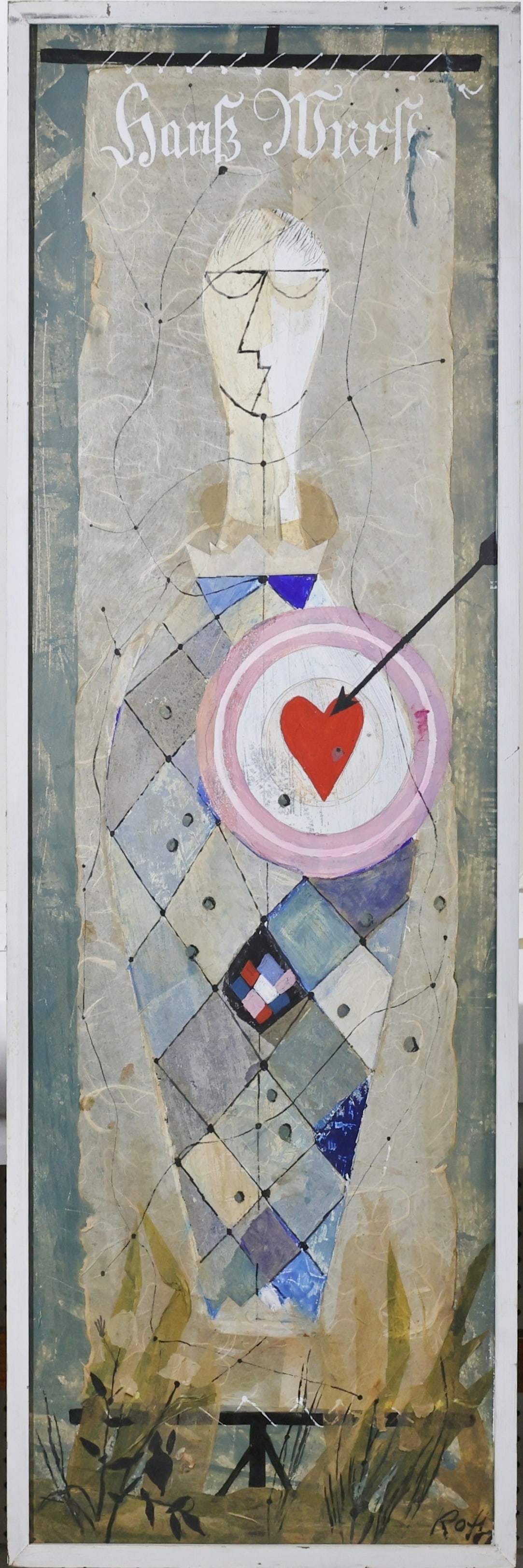 Wolfgang Roth (1910 - 1988): Collage on board, SLR. Abstracted figure with patchwork body, a crown, and target pierced by an arrow. 48.5"h x 16.5"w framed