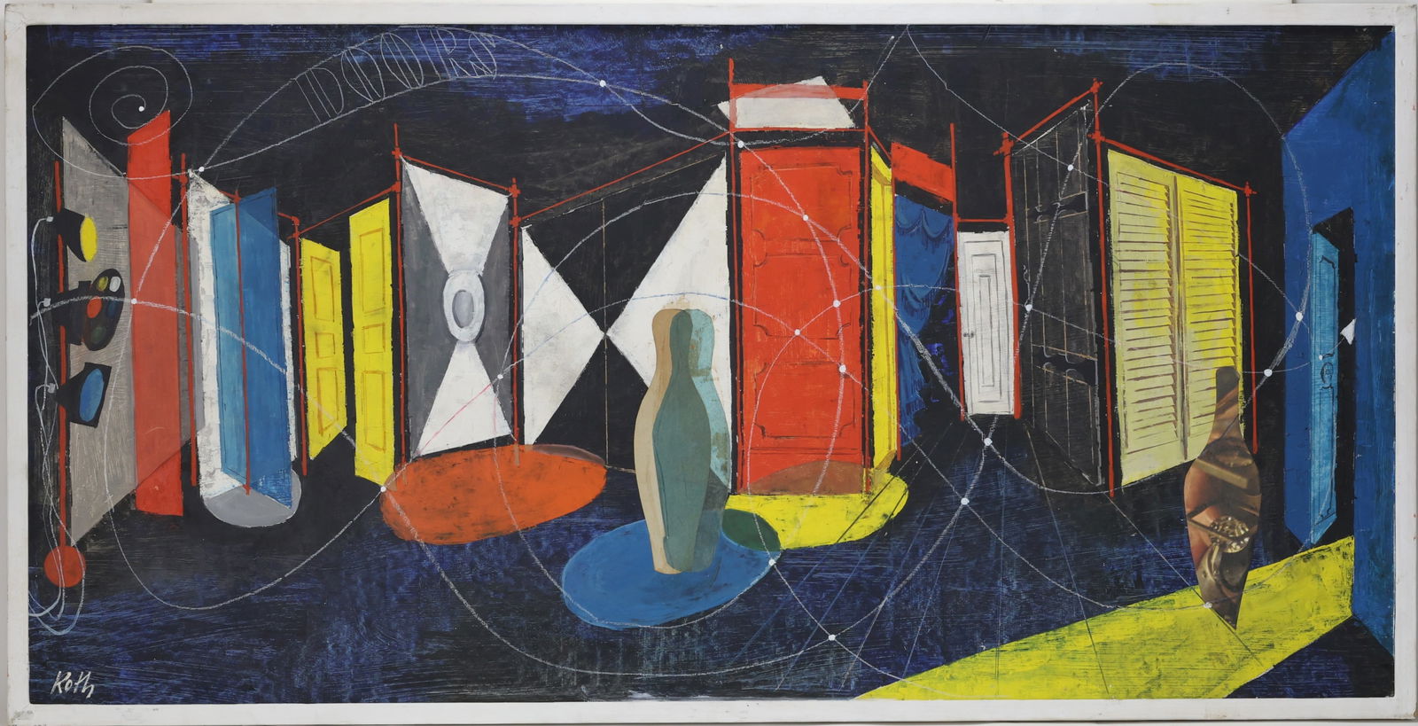 Wolfgang Roth (1910 - 1988): Collage/oil on board, SLL. Surreal architectural interior. 25"h x 49"w framed