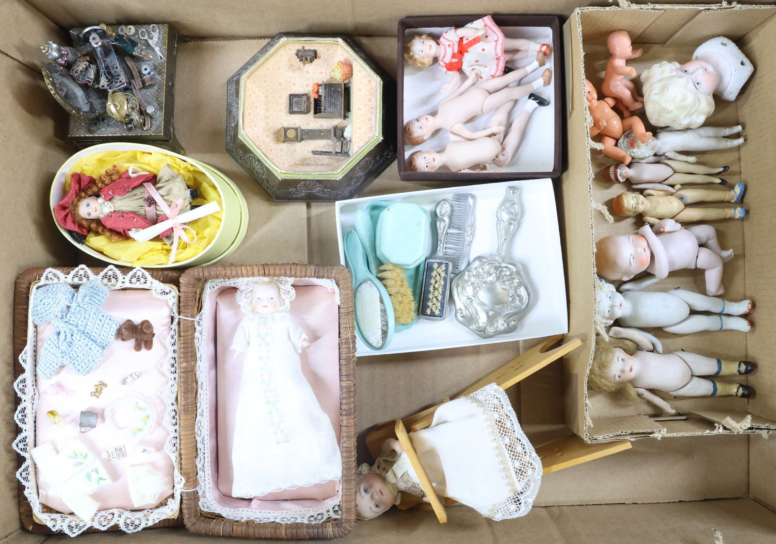 MINIATURES.: LOT of Dolls, smalls, miniatures. Dolls - all bisques inc. Germany, Japanese, painted bisque, parian. German shoulder head. Artist - Baby with layette by artist Rosemarie Snyder. Contemporary inc. Shi