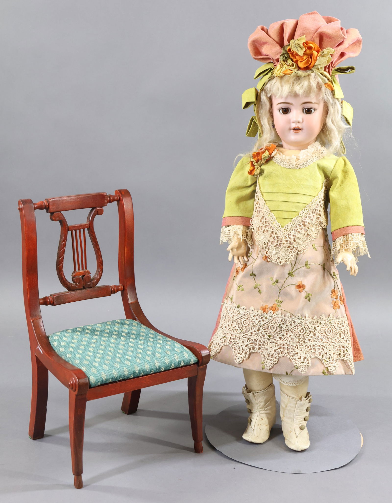 DOLLS W/FURNITURE.: LOT. Doll - Antique German bisque 20" 109 - 10 1/2 X H 2 1/4 doll with brown sleep eyes, open mouth, pierced ears, blonde mohair wig. Papier mache ball jointed body marked (blue stamp) HEINRICH HANDWE