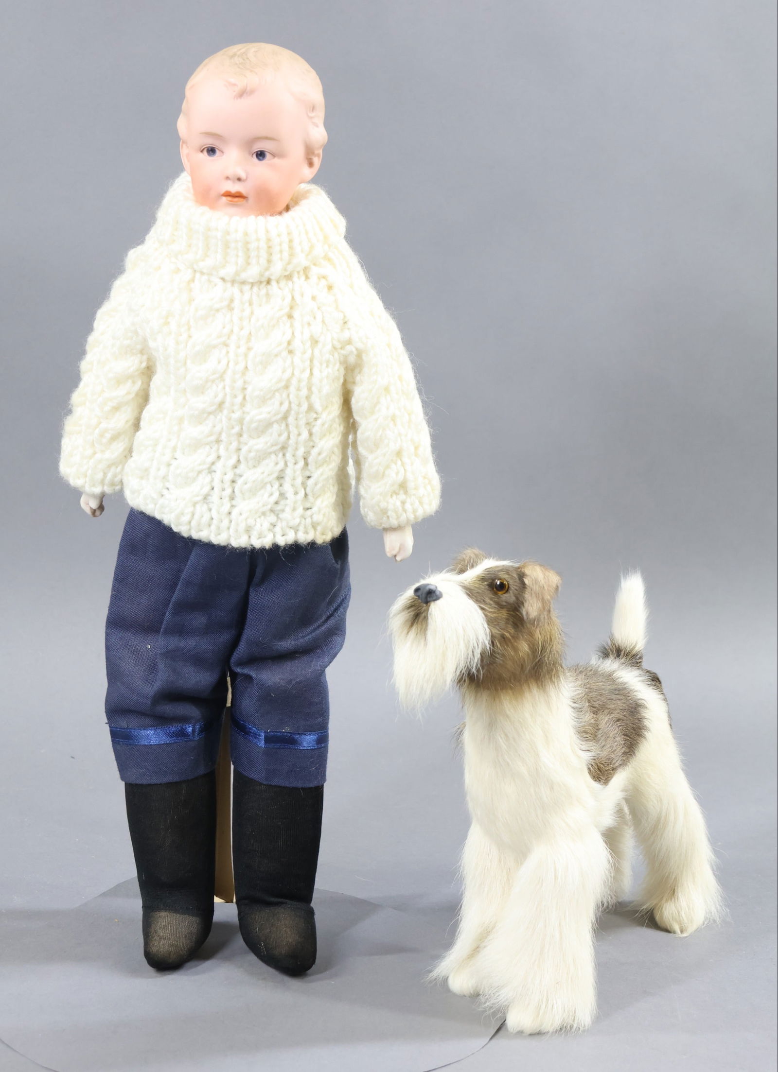 ANTIQUE GERMAN DOLLS.: LOT. 15" 2 GERMANY (7622 HEUBACH) bisque shoulder head doll. Blue intaglio eyes, closed mouth, painted blonde hair. White leather gusseted body with bisque lower arms. Dressed in newer wool knit turtl