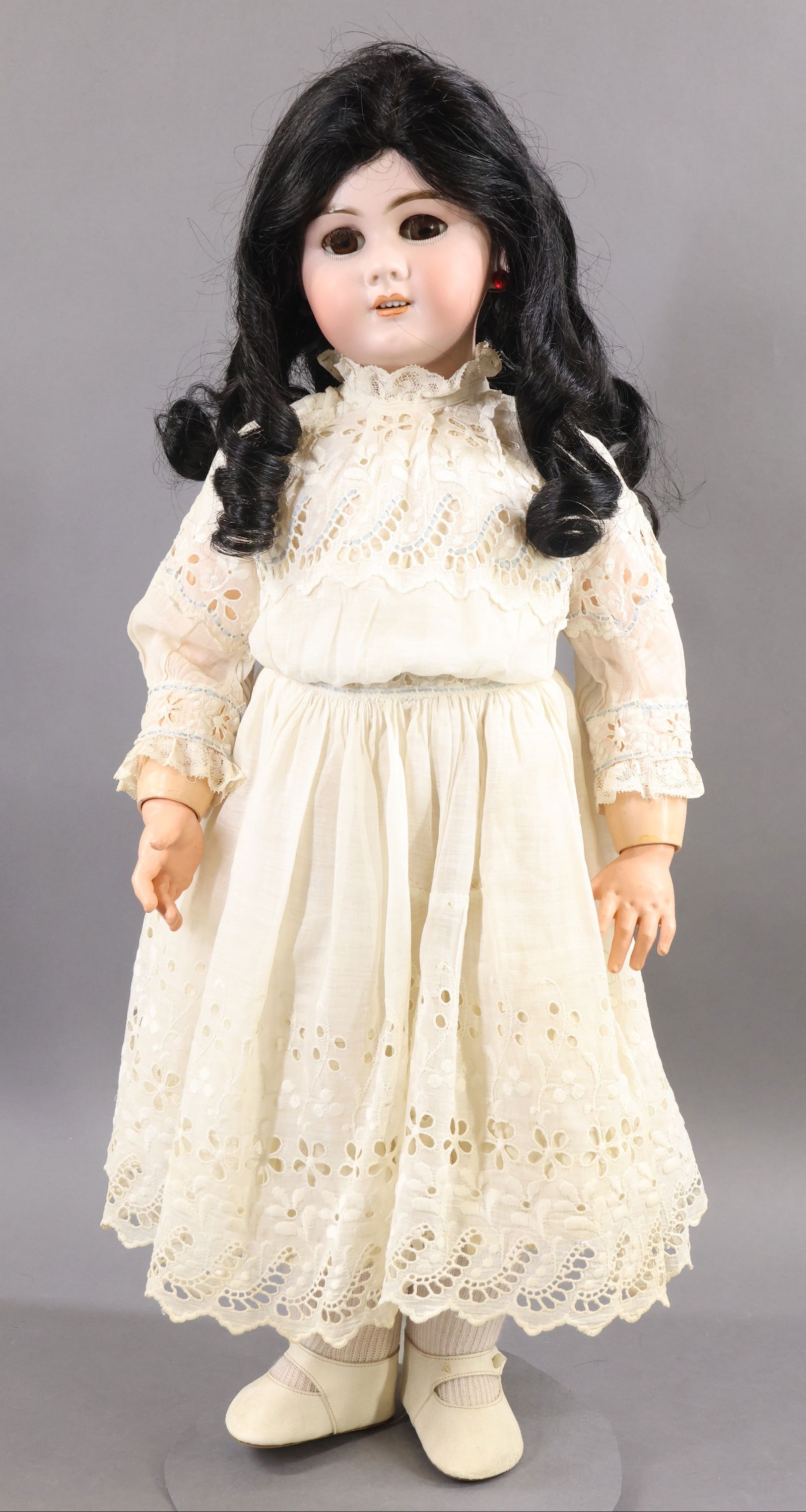 FRENCH/GERMAN BISQUE DOLLS.: 26" (Incised) DEP 11 Doll with brown sleep eyes, open mouth, pierced ears, black HH wig, cork pate. Unmarked FRENCH papier mache jointed body with separate hands. Dressed in antique white cotton cloth