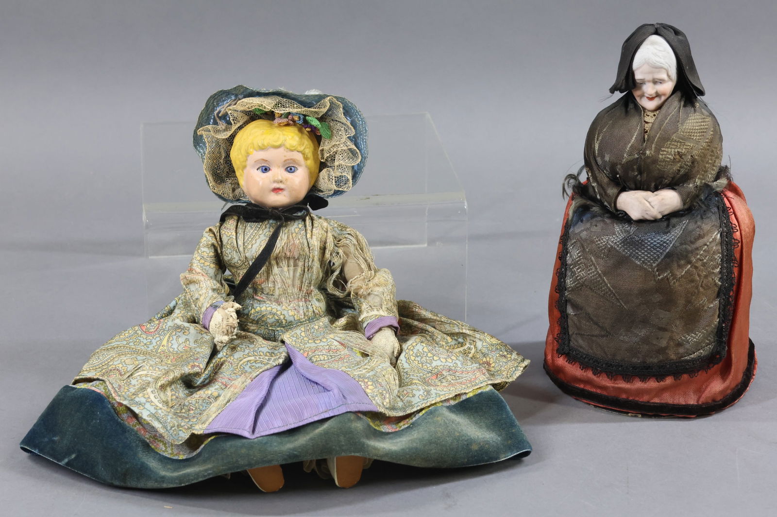 HOLIDAY/NOVELTIES.: NOVELTY LOT - Antique Candy Container and Doll. Candy Container - 9" German all original elderly lady with bisque head and hands. Molded, painted features and grey hair. Bottom is marked Germany EOLI