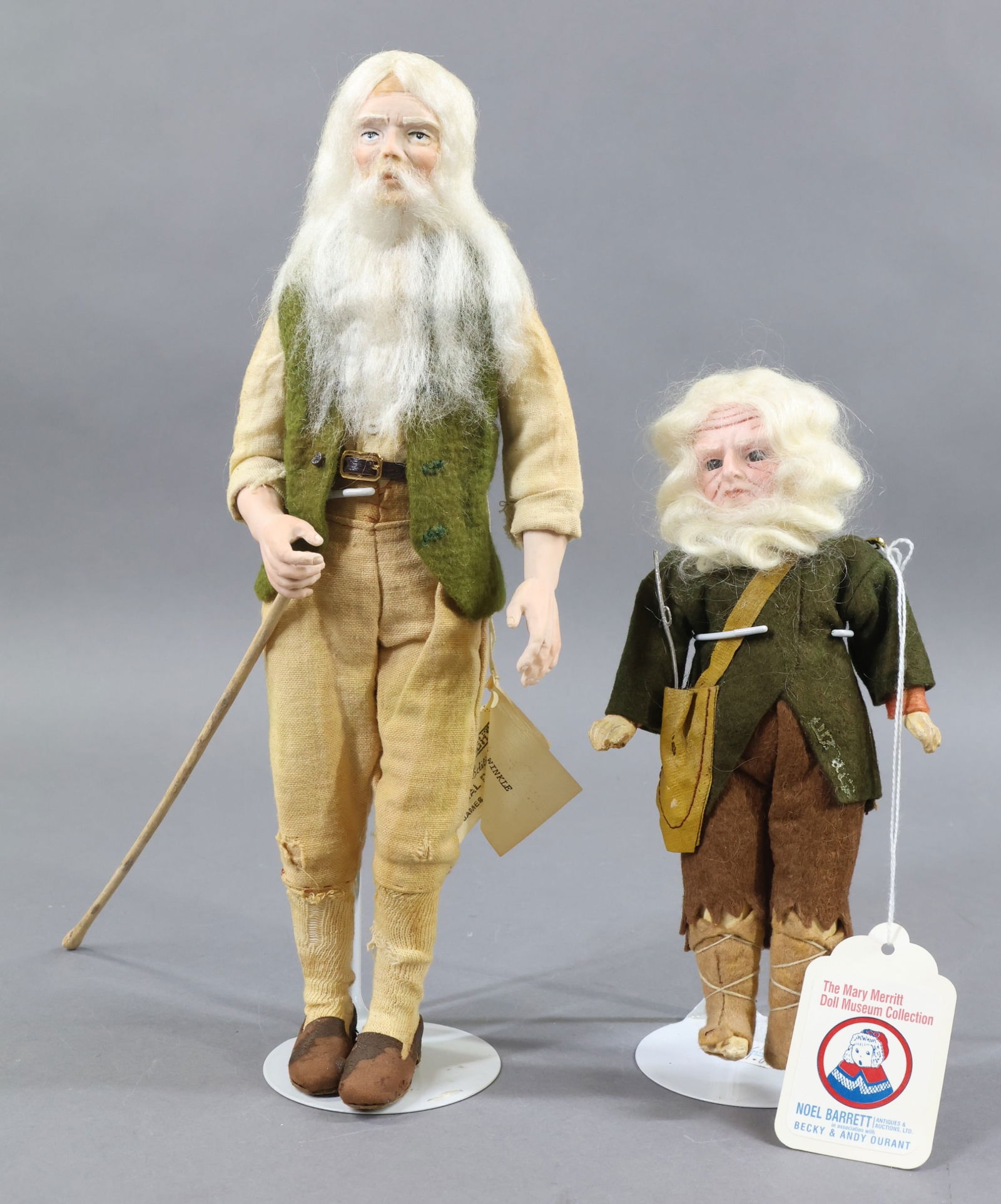 CHARACTER DOLLS.: Pair of bisque head "Rip Van Winkle/type" Dolls. Doll 1) 8" German "Old Rip" 15/0 was sold at the Mary Merritt Doll Museum Collection Auction. Ca. 1910. Stationary brown eyes, closed mouth, very detai