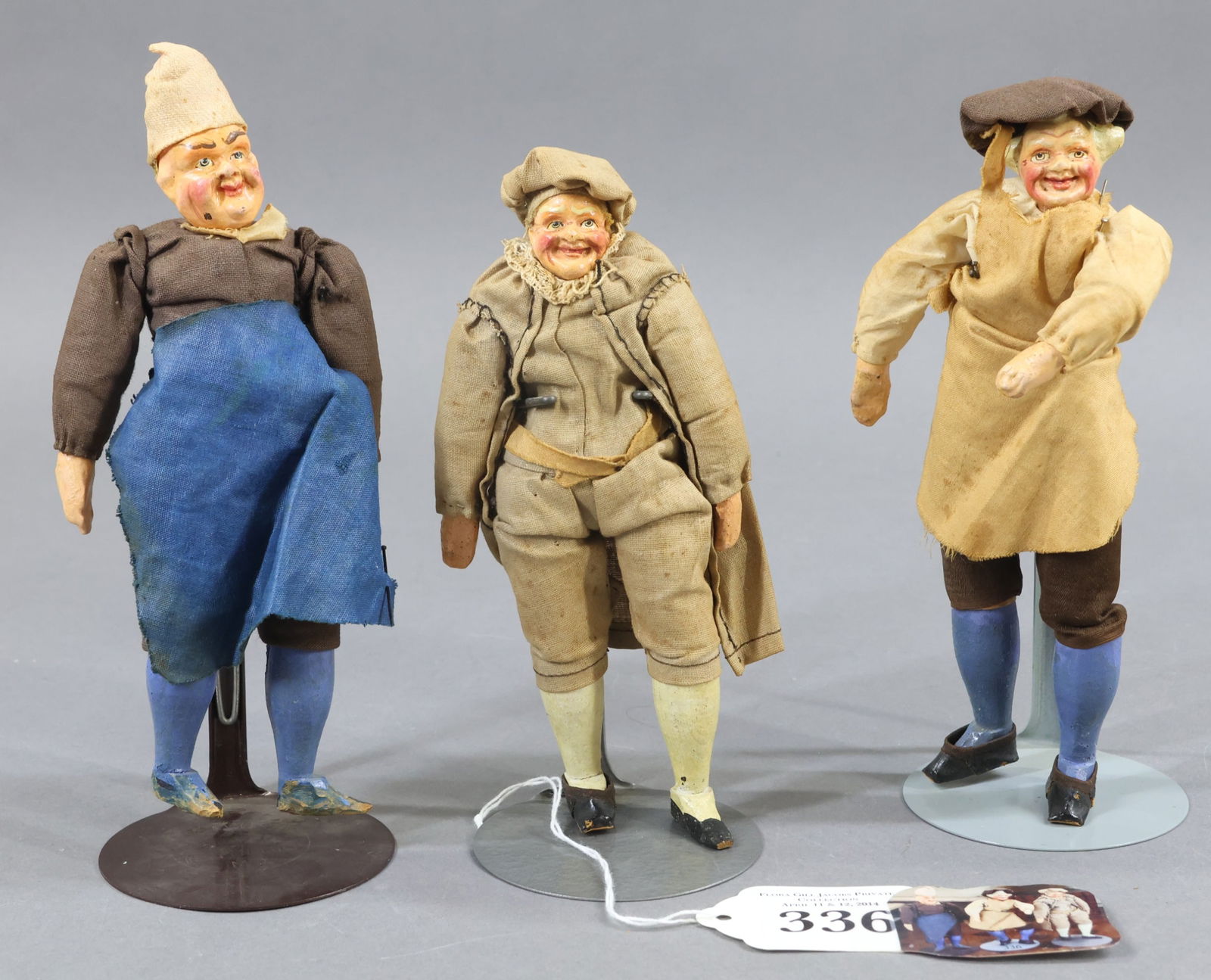 CHARACTER DOLLS..: LOT of (3) 7" Whimsical German figures with character faces. These doll were sold at the Flora Gill Jacobs Private Collection Auction. They all have papier mache heads with molded, painted features. (