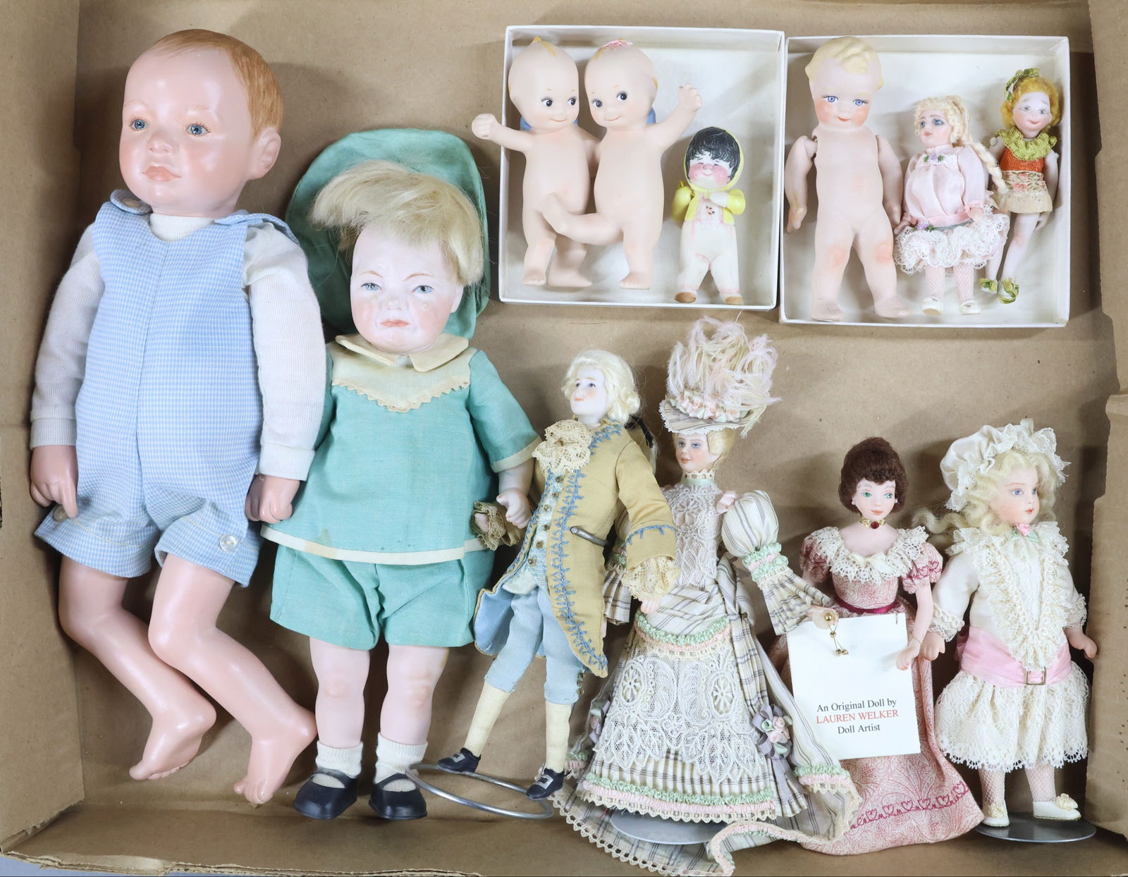 DOLL ARTIST AND CONTEMPORARY BISQUE DOLLS.: LOT of (10) Single and a pair of dolls. Miniature dolls - 2 1/2" Nita Gehlhardy 1973 doll. 4 1/2" "Scootles" signed Joan B 3-79'. 5 1/2" Girl in white silk dress signed Pat Boldt. 5 1/2" Lady in red p