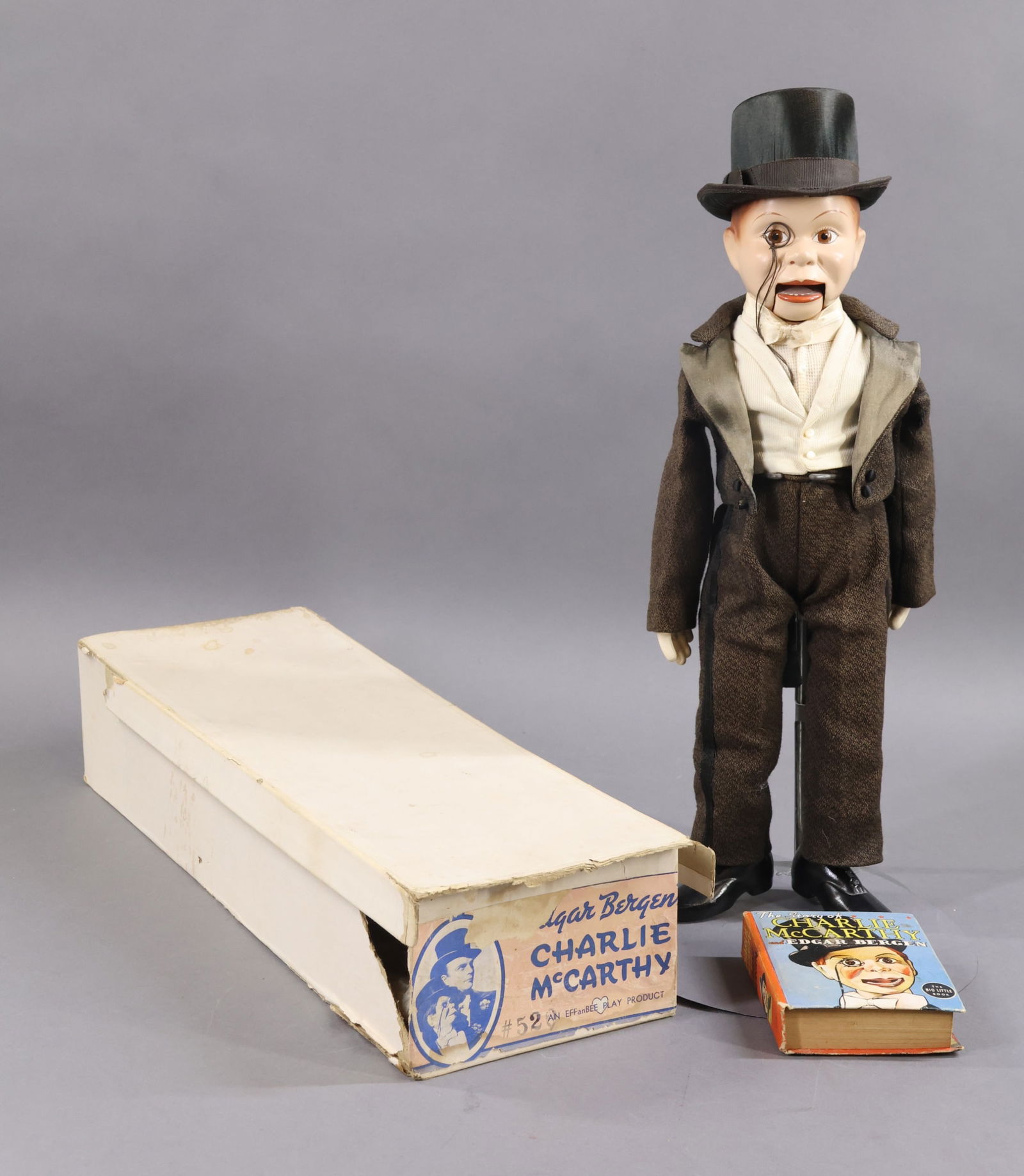 COMPOSITION DOLLS - AMERICAN.: LOT of EFFANBEE "Charlie McCarthy". 17" 1937 All original doll dressed in his black tuxedo, ivory vest and formal shirt. Top hat. Painted features and hair. Mouth that opens/closes by pull string. Wir