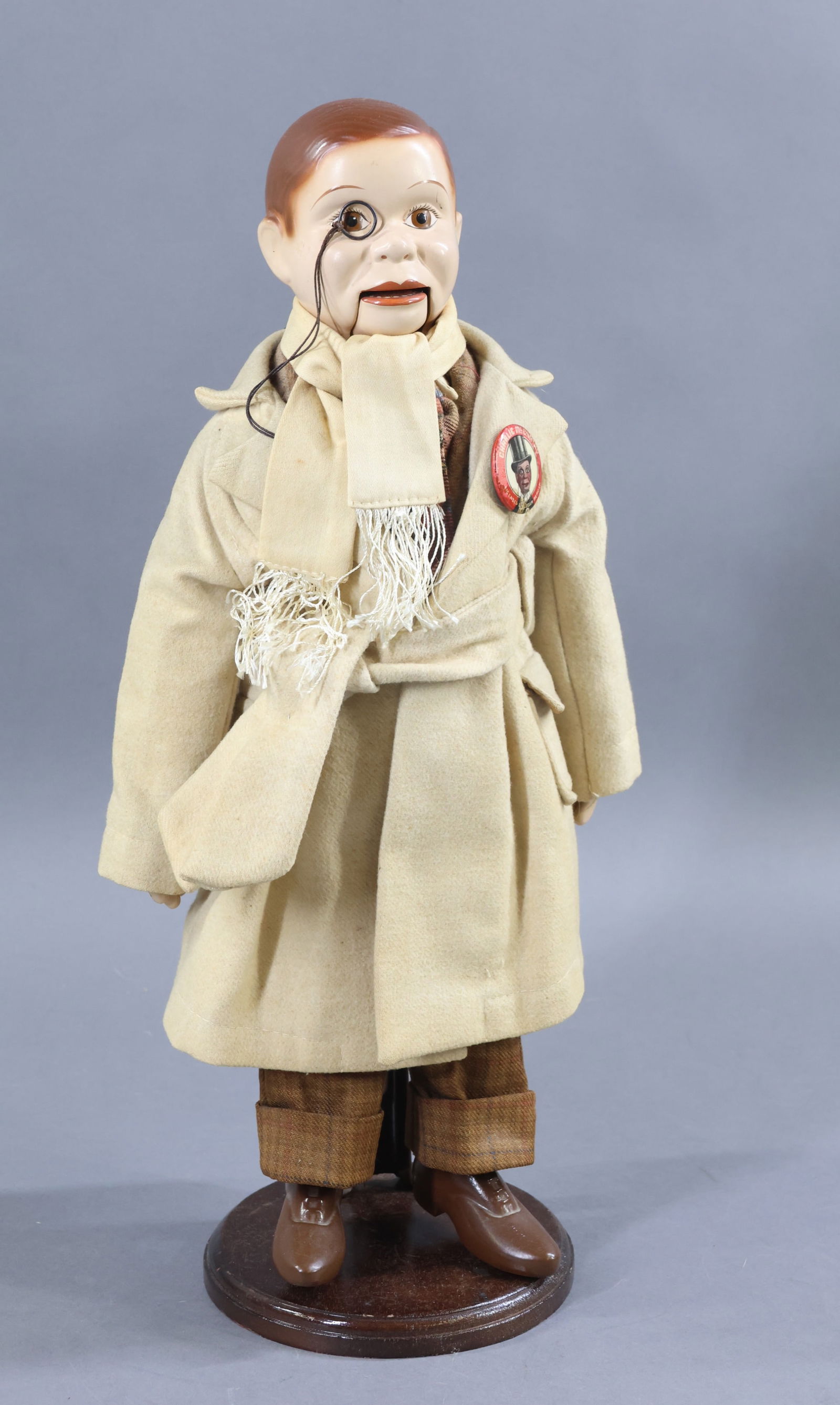 COMPOSITION DOLLS - AMERICAN.: 17" 1937 EFFANBEE all original "Charlie McCarthy Doll. Painted features and hair. Mouth that opens/closes by pull string. Wire monocle. Cloth body with composition hands, brown oxford shoes. Dressed i