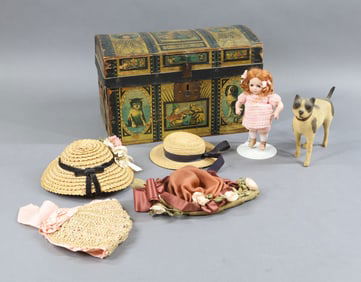 CONTEMPORARY ARTIST DOLL, VINTAGE ACCESSORIES, TRUNK.