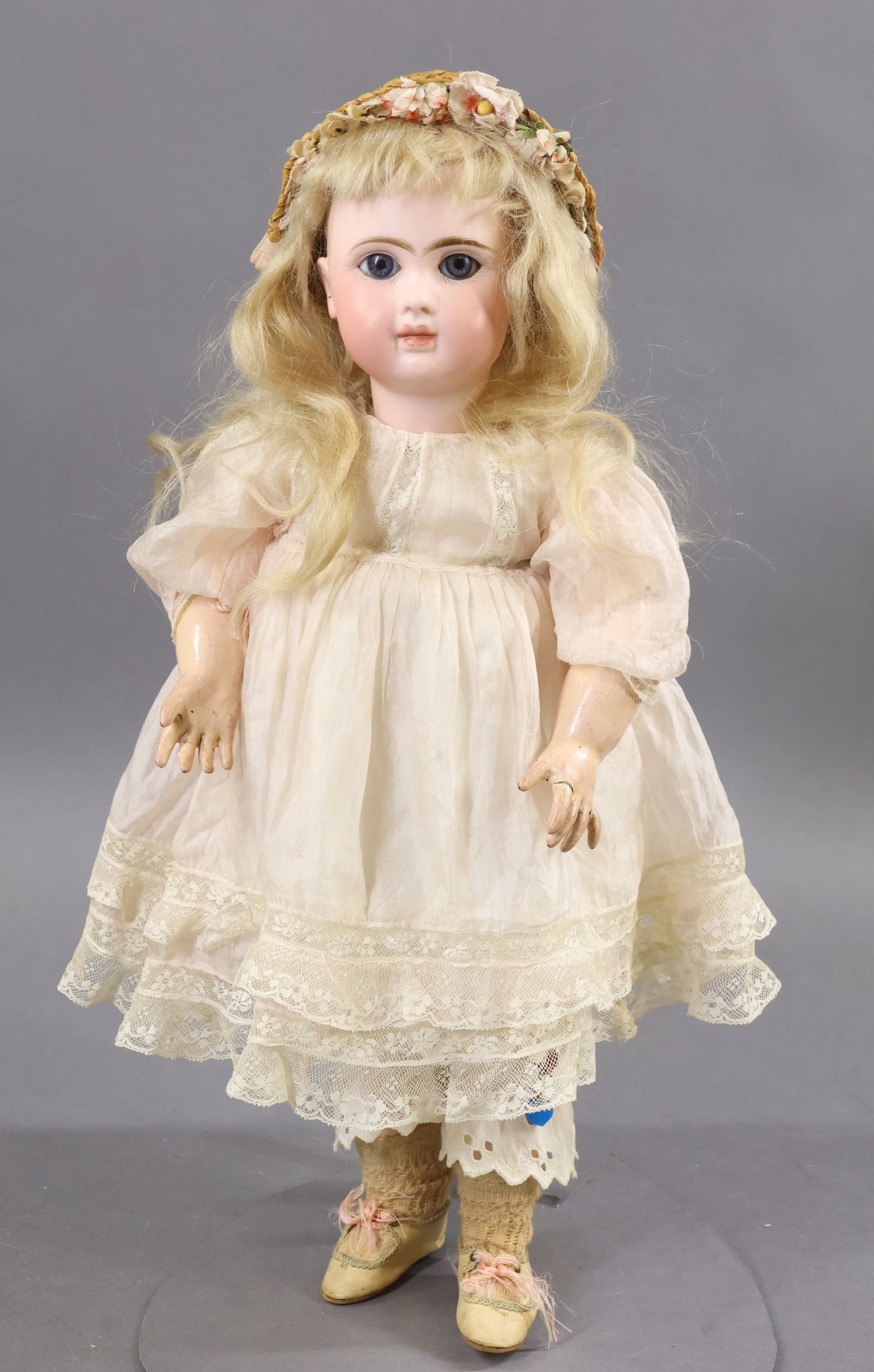 FRENCH BISQUE DOLLS.: 16" A. 9 PARIS (red stamp) Le PARISIEN STEINER doll with wired eyes. Blue mechanical sleep eyes, closed mouth, pierced ears, long blonde mohair wig. Papier mache jointed body with straight wrists. Pul