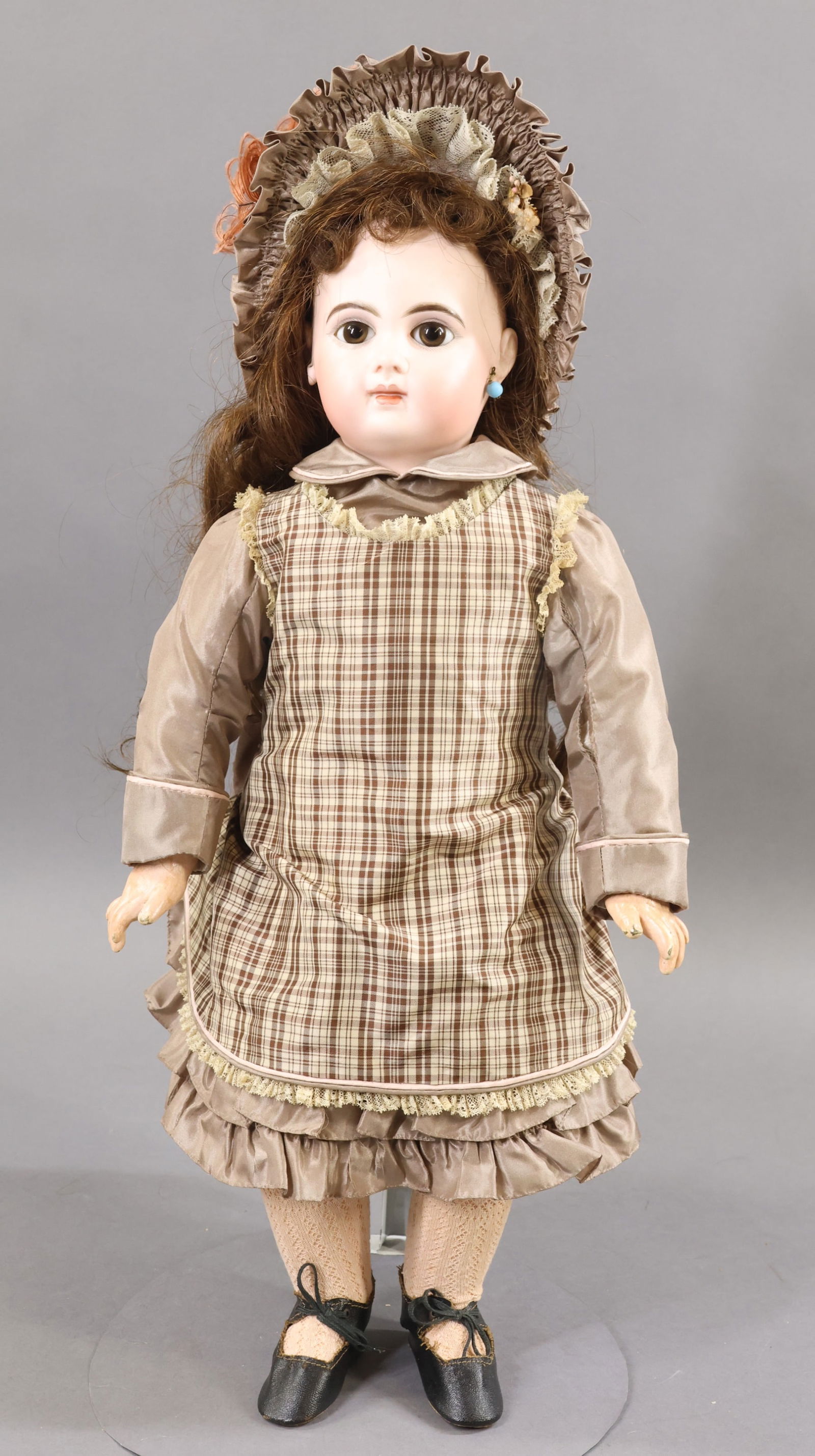 FRENCH BISQUE DOLLS.: 19" DEPOSE E 8 J Doll with brown paper weight eyes, closed mouth, pierced ears. Dark brown HH wig marked: An Original Hairloom Handwoven by Mayfield. Wood pate (which has been glued in). Papier mache