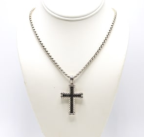 David Yurman Sterling Silver Black Diamond Cross Pendant Necklace