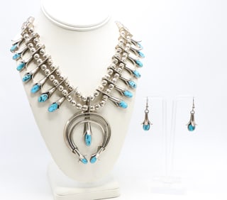 Sterling Silver Turquoise Squash Blossom Necklace and Earrings