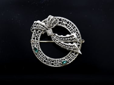 14k WG Diamond and Emerald Pin