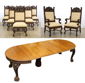 Carved Oak Dining Suite in the Manner of RJ Horner