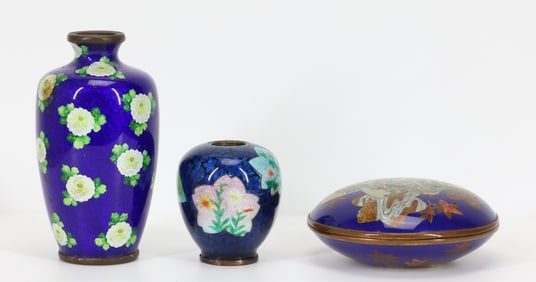 Japanese Ginbari and Goldstone Cloisonne Vases and Box