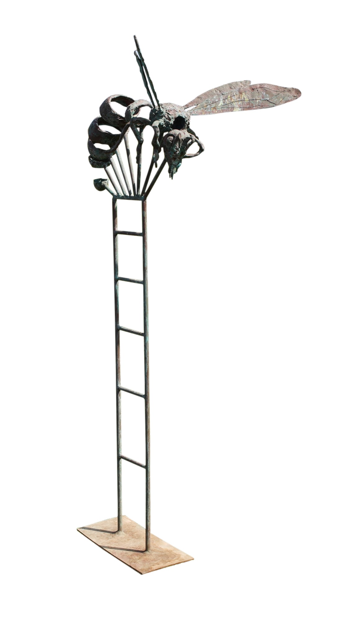 Susan Opie (20/21st century): Verdigris bronze garden sculpture of an oversized hornet attached to a ladder-like open structure. Graduated open circles radiating from top rung forming an arc, detailing on spread wings and head. 54