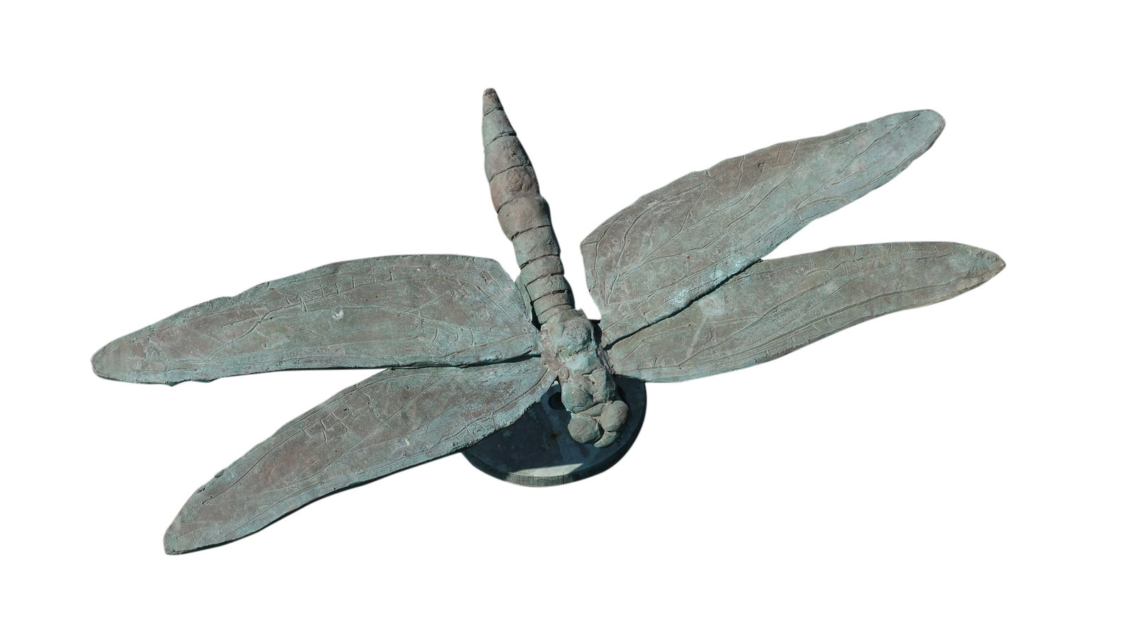 Susan Opie (20/21st century): Verdigris bronze garden sculpture of a dragonfly mid-flight, oversized. Detailing in segmented body and radial veins in wings. 9"h x 24"w x 11"d