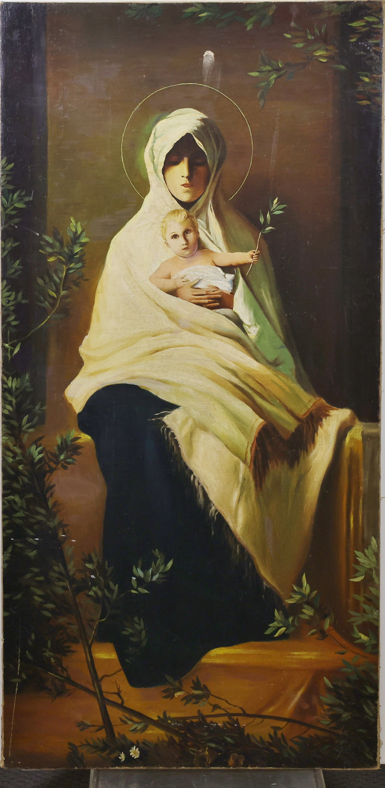 Oil on Canvas: Oil on canvas, unsigned, 19th century Continental devotional style portrait of Madonna and Child with halos and olive branch. 39"h x 19"w unframed