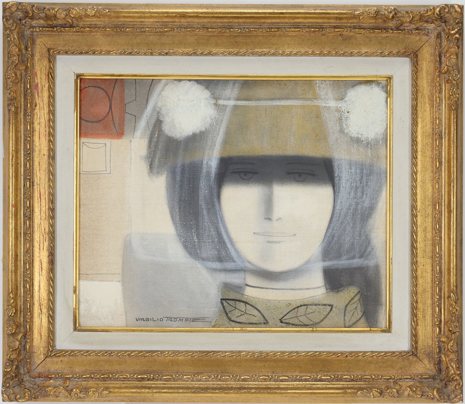 Virgilio Trompiz (1927 - 2012): Oil on canvas, SLL. Modernist composition of a female bust. 13"h x 16"w and 20"h x 23"w framed